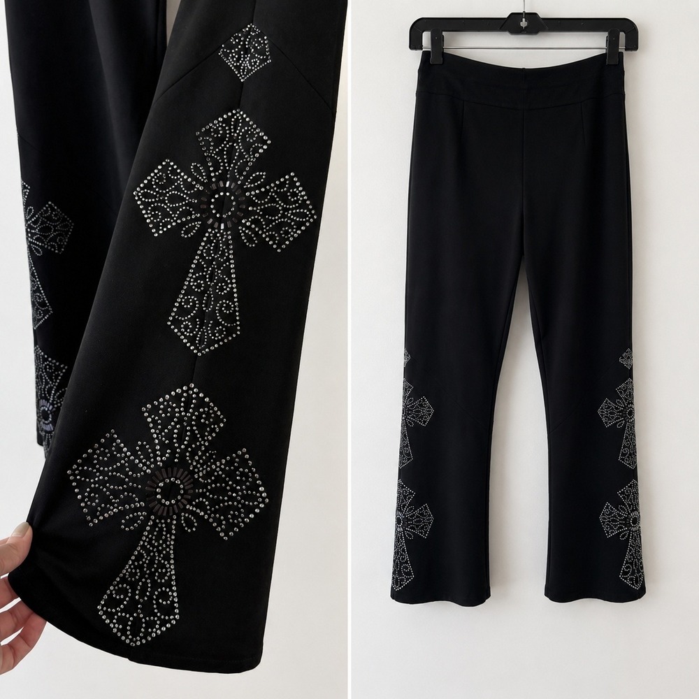 St. John Couture Black Rhinestone Embellished Evening Pants Womens 14 Stretch
